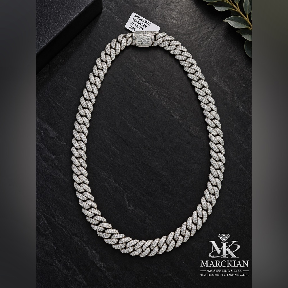 925 Sterling Silver 21.13CTW MOISSANITE Miami Cuban Link Chain Men’s Necklace